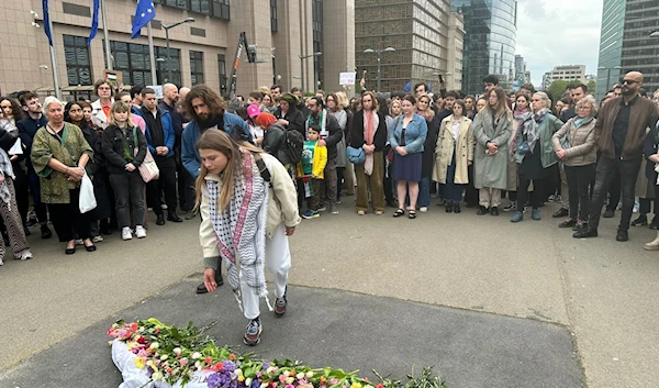 EU staff hold a ceremony in the center of Schuman in between the EU institutions in protest against the EU’s inaction on the genocide in Gaza, Brussels, Belgium, May 8, 2024 (Social media)