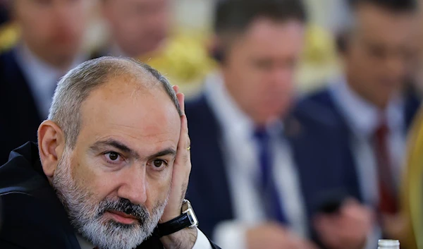 Armenian Prime Minister Nikol Pashinyan attends a meeting of the Supreme Eurasian Economic Council of the Eurasian Economic Union at the Kremlin in Moscow, Russia, May 8, 2024 (AP)