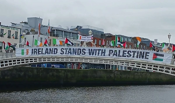 Thousands protest in Dublin to line the banks of the river Liffey in solidarity with the people of Palestine on March 16, 2024. (Social Media)