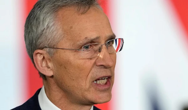 NATO Secretary General Jens Stoltenberg addresses a press conference at the Warsaw Armoured Brigade in Warsaw, Poland, Tuesday, April 23, 2024.(AP Photo/Alastair Grant, Pool)