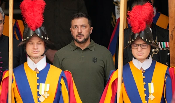 Ukraine's President Volodymyr Zelenskyy leaves at the end of a private meeting with Pope Francis, at the Vatican, Friday, Oct. 11, 2024. (AP Photo/Andrew Medichini)