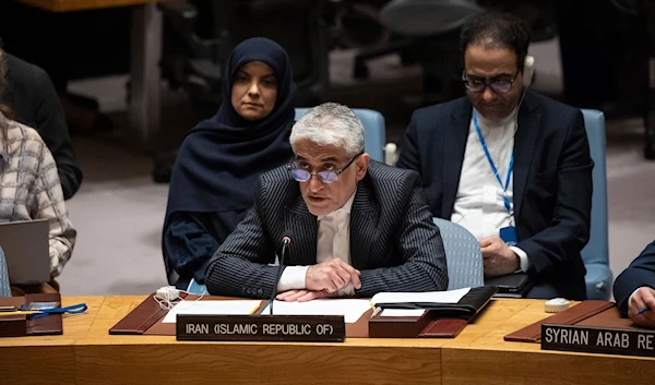 Iran's UN ambassador, Amir Saeid Iravani, addresses the United Nations Security Council chamber during an emergency meeting at UN headquarters, April 14, 2024. (AP)