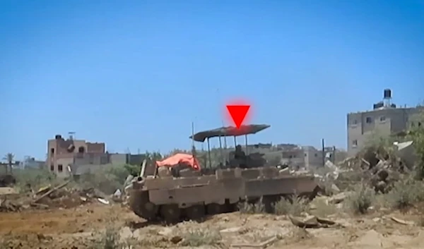 A screengrab showing the monitoring of an invading Israeli occupation vehicle in the Gaza Strip ahead of its targeting by the Palestinian Resistance. (Military media of al-Qassam Brigades)