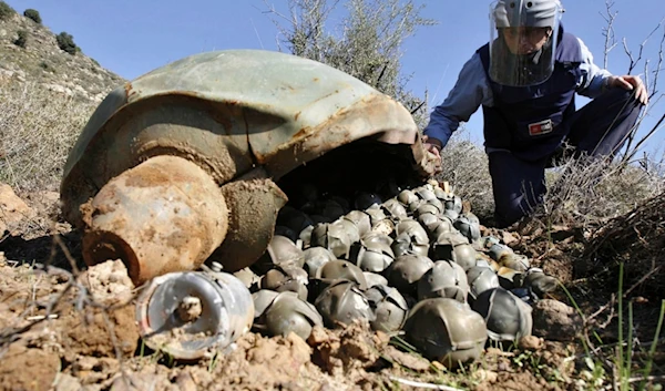 Mines Advisory Group Technical Field Manager inspecting a Cluster Bomb Unit in the southern village of Ouazaiyeh, Lebanon, on Nov. 9, 2006, after it was dropped by 'Israel' amid war on Lebanon. (AP)