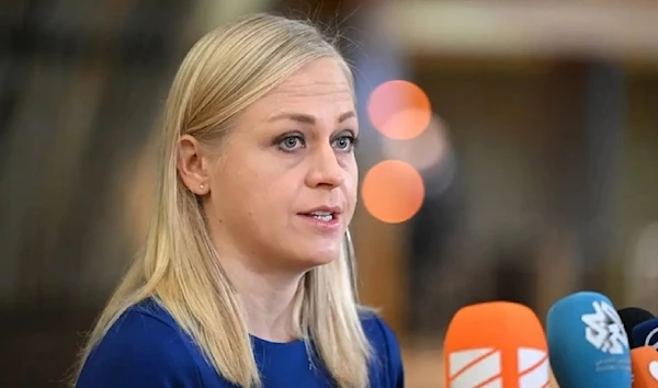 Finland’s Minister for Foreign Affairs Elina Valtonen speaks to the media during a Foreign Affairs Council (FAC) meeting at the EU headquarters in Brussels on January 22, 2024. (AFP)