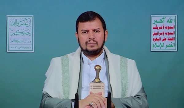 Leader of Yemen’s Ansarullah resistance movement Abdul-Malik al-Houthi delivers a televised speech broadcast live from the Yemeni capital, Sana’a, on October 17, 2024. (Screengrab)