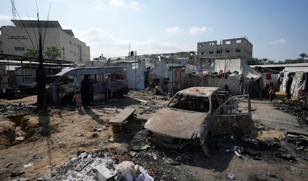 The site of a deadly fire, after an Israeli strike hit a tent area in the courtyard of Al Aqsa Martyrs hospital in Deir al-Balah, Gaza Strip, Wednesday, Oct. 16, 2024. (AP)