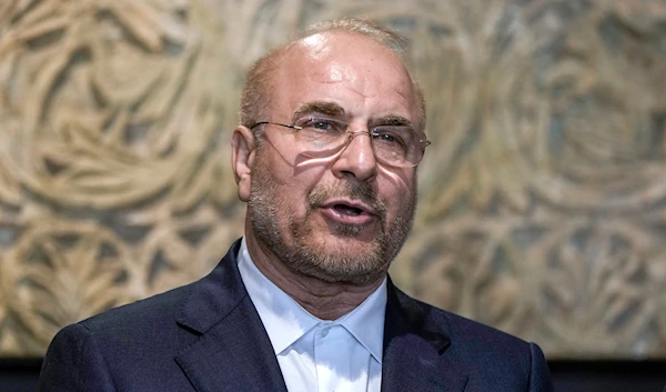 Iran's parliament speaker Mohammad Baqer Ghalibaf, speaks during a press conference in Beirut, Lebanon, on October 12, 2024. (AP)