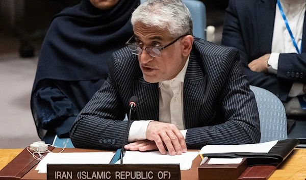 Iran's U.N. Ambassador, Amir Saeid Iravani, addresses the United Nations Security Council chamber during an emergency meeting at UN headquarters, on April 14, 2024. (AP)