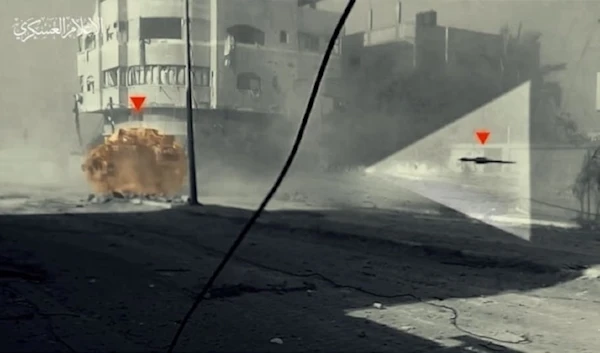 A tandem RPG shell launched by the Palestinian Resistance heads toward an Israeli military vehicle in the Gaza Strip, occupied Palestine, February 22, 2024 (Military media)