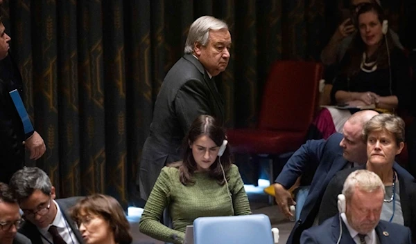 UN Secretary-General Antonio Guterres leaves a Security Council meeting at United Nations headquarters, on Friday, September. 27, 2024. (AP)