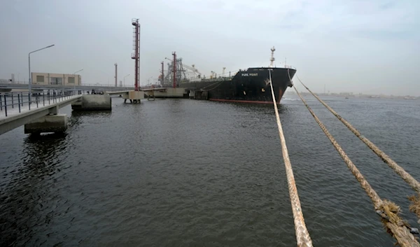 A Russian oil cargo carrying discounted crude, is anchored at a port in Karachi, Pakistan, Tuesday, June 13, 2023. (AP)