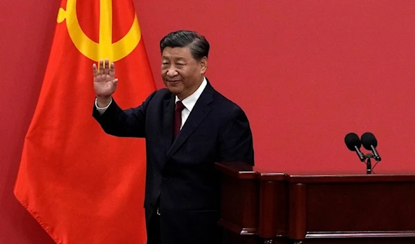 Chinese President Xi Jinping gestures at a 2022 event to introduce new members of the Politburo standing Committee at the Great Hall of the people in Beijing. (AP)