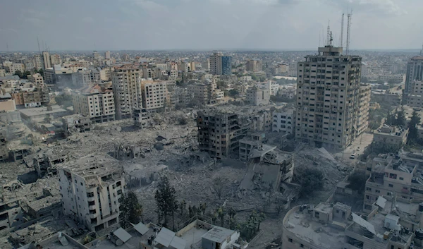 A view of the rubble of buildings hit by an Israeli airstrike, in Gaza City, on October 10, 2023. (AP)