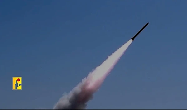 A cinematic video released by the Islamic Resistance in Lebanon's Militay Media Unit shows a medium range rocket artilley shell being fired at a target. (Islamic Resistance in Lebanon/ Military Media)