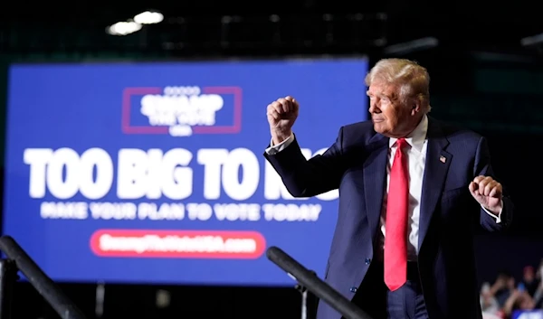 Republican presidential nominee former President Donald Trump dances at a campaign rally at Greensboro Coliseum, Tuesday, Oct. 22, 2024, in Greensboro, N.C. (AP)