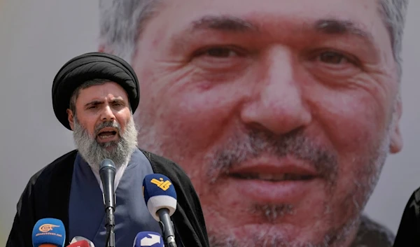 Senior Hezbollah leader Hashem Safieddine speaks during the funeral procession of martyred Hezbollah senior commander Hajj Abu Taleb, in the southern suburbs of Beirut, Lebanon, June 12, 2024. (AP)