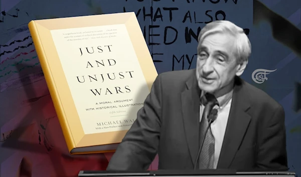 "However, unfortunately as many serious philosophers have noted, Walzer is also unwilling to fully apply his own analysis to Israeli behavior, especially towards the Palestinians." (Al Mayadeen English; Illustrated by Ali Al-Hadi Shmeiss)