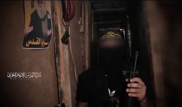 An Al-Quds Brigades resistance fighter conveying a message to his counterparts in the Islamic Resistance in Lebanon, Hezbollah, October 23, 2024 (Screen grab from Military Media)