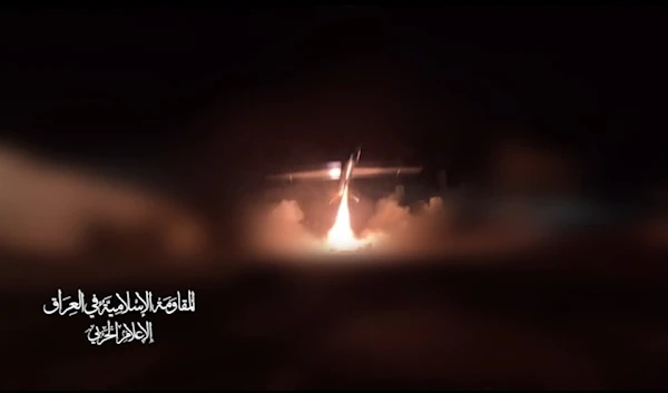 A screengrab from a video showing the launch of the Islamic Resistance in Iraq of a drone towards a vital target in the occupied Syrian Golan Heights on October 23, 2024. (Military media)