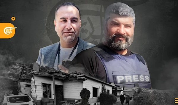 Al Mayadeen martyrs cameraman Ghassan Najjar and broadcast engineer Mohammad Reda killed by an Israeli aggression on journalists' residence in Hasbayya, South Lebanon, on October 25, 2024. (Al Mayadeen)