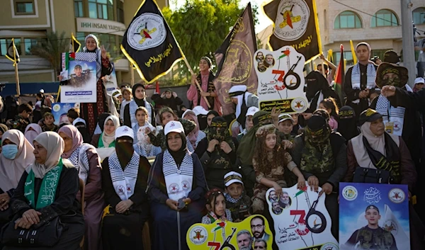 Palestinian Islamic Jihad (PIJ) supporters attend a rally marking the 36th anniversary of the movement's foundation in Gaza City on Friday, October 6, 2023 (AP)