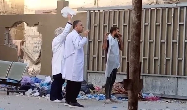 Video shows the medical staff of Kamal adman Hospital, including its director Dr. Hussam Abu Sabiya, besieged by the IOF, October 15, 2024 (Social Media)