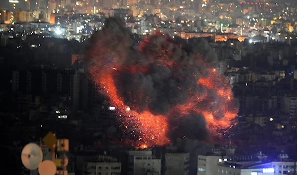 Flame and smoke rises from an Israeli airstrike on Dahiyeh, in the southern suburb of Beirut, Lebanon, on October 27, 2024. (AP)