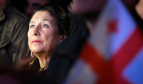 Georgian President Salome Zourabichvili attends an opposition rally ahead upcoming next week parliamentary election in Tbilisi, Georgia, on October 20, 2024. (AP)