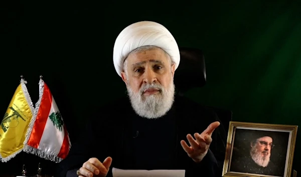 Then-Hezbollah Deputy Secretary-General Sheikh Naim Qassem delivering a speech from an undisclosed location, October 15, 2024 (Al Manar)