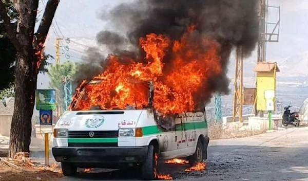 Israeli forces strike an ambulance in Sohmor village, Bekaa Valley, on September 24, 2024. (Social media/X)