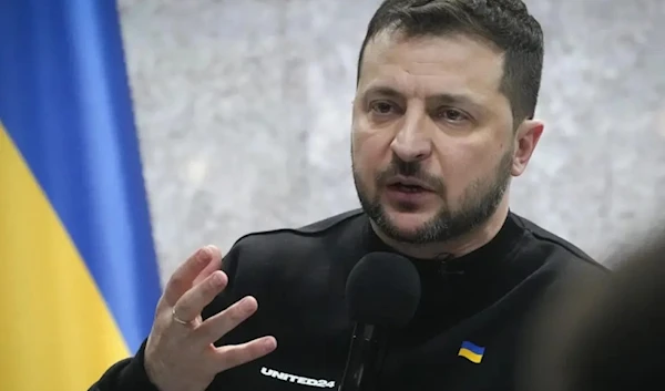 Ukrainian President Volodymyr Zelenskyy speaks during his press conference on the occasion of the Russia-Ukraine war first anniversary in Kiev, Ukraine, February 24, 2023. (AP)