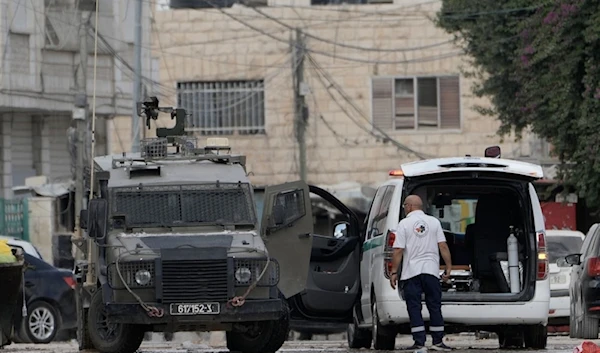 The Israeli occupation forces invading Jenin forcefully searched a PRC ambulance during the wide-scale aggression against the West Bank, Palestine, Aug. 28, 2024. (AP)