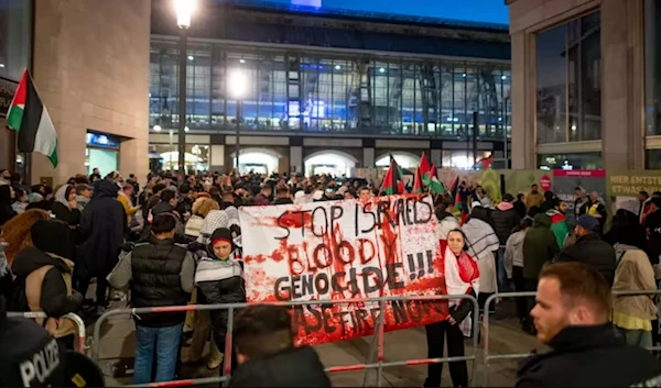 Demonstrators protest in Alexanderplatz plaza against the Israeli genocide on Gaza and its war on Lebanon. (Social media)