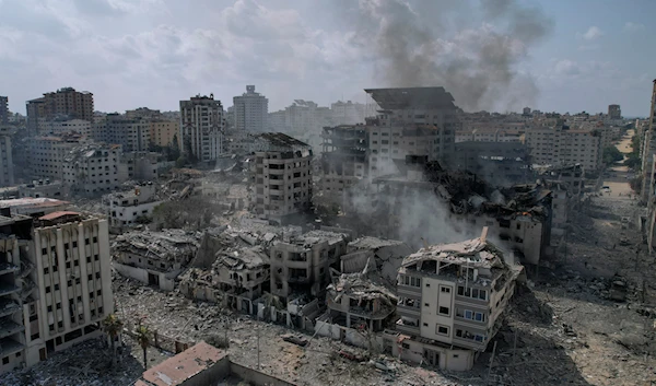 A view of the rubble of buildings hit by an Israeli airstrike, in Gaza City, on October 10, 2023. (AP)