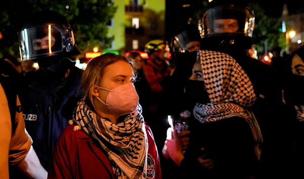 Activist Greta Thunberg, left, attends a pro-Palestinian rally in Berlin, on October 7, 2024. (AP)