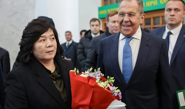 Russian Foreign Minister Sergey Lavrov, right, and DPRK Foreign Minister Choe Son Hui attend an unveiling ceremony of the plaque to mark Kim Il Sung's 1949 visit to USSR, Moscow, Russia, Nov. 1, 2024 (AP)