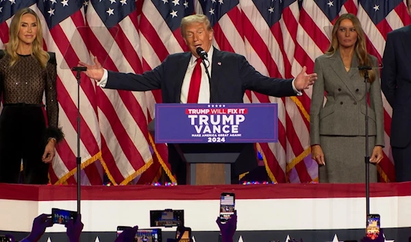 Republican presidential nominee former President Donald Trump speaks at an election results watch party as his commanding victory over Kamala Harris is apparent on Wednesday, Nov. 6, 2024, in West Palm Beach, Fla. (AP)