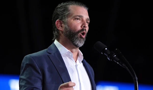 Donald Trump Jr., speaks at a campaign rally with Republican presidential nominee former President Donald Trump at Van Andel Arena, Tuesday, November 5, 2024, in Grand Rapids, Michigan (AP)