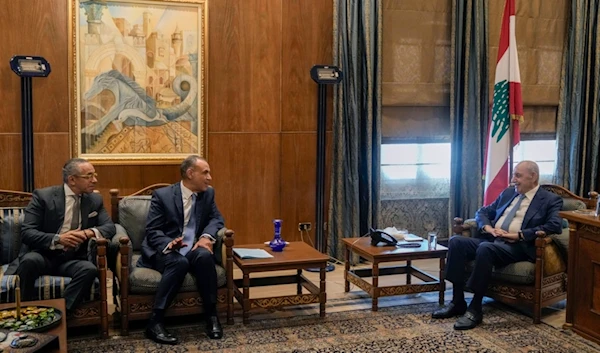 Egyptian Foreign Minister Badr Abdelatty, center, and Egypt's Ambassador to Lebanon, Alaa Moussa, left, meet with Lebanese Parliament speaker Nabih Berri, in Beirut, Lebanon, Wednesday, Nov. 13, 2024. (AP)