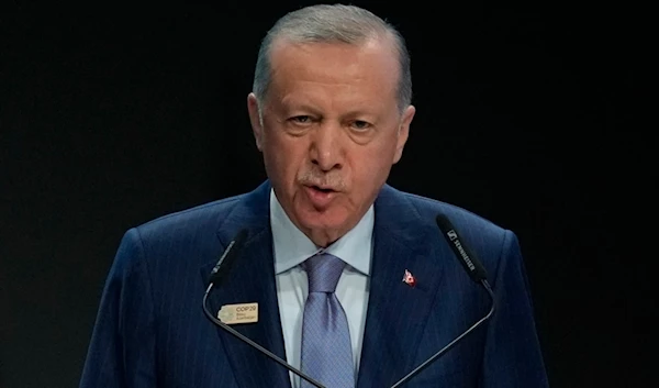 Turkey President Recep Tayyip Erdogan speaks during a plenary session at the COP29 U.N. Climate Summit, Tuesday, Nov. 12, 2024, in Baku, Azerbaijan. (AP)