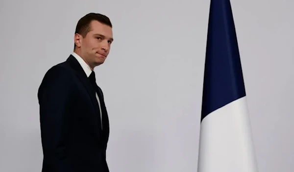 Far-right National Rally Party President Jordan Bardella arrives to deliver his speech after the first round vote of the legislative election on Sunday June 30,2024, in Paris. (AP)