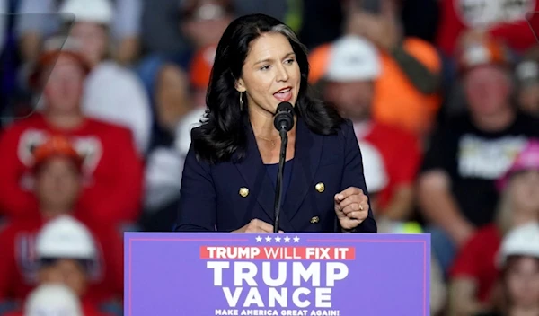 Tulsi Gabbard speaks before Republican presidential nominee former President Donald Trump at a campaign rally at PPG Paints Arena, Monday, Nov. 4, 2024, in Pittsburgh. (AP)