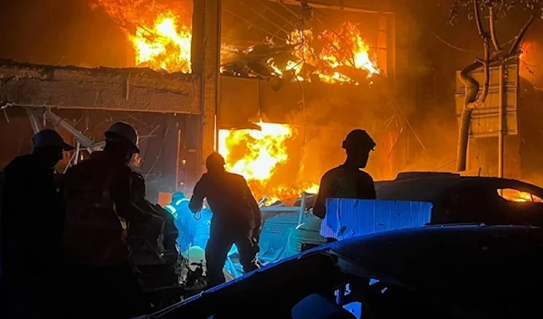 A fire broke out at the site of the Israeli airstrike that targeted Mar Elias Street, in the heart of the Lebanese capital, Beirut on November 17, 2024. (AFP)