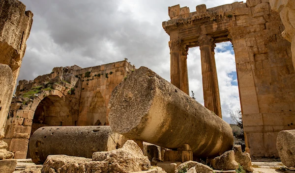 The Roman ruins of Baalbek, one of the best preserved in the world and a UNESCO world heritage site, is seen completely empty of visitors, in the Bekaa valley in Baalbek, Lebanon, on April 1, 2021. (AP)