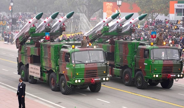 Indian Army Akash missile launcher drives through the ceremonial Kartavya Path boulevard during India's Republic Day celebrations in New Delhi, India, Thursday, January 26, 2023 (AP)