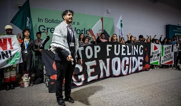 Environmental justice groups at COP29 in Azerbaijan demand a global energy embargo to end the genocide and liberate Palestine on November 11, 2024. (Social media)