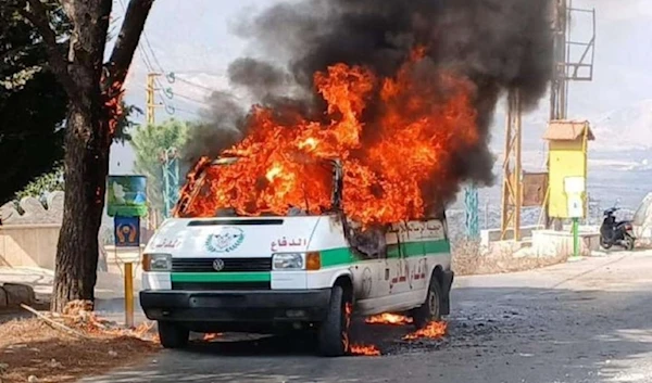 Israeli forces strike an ambulance in Sohmor village, Bekaa Valley, on September 24, 2024. (Social media/X)