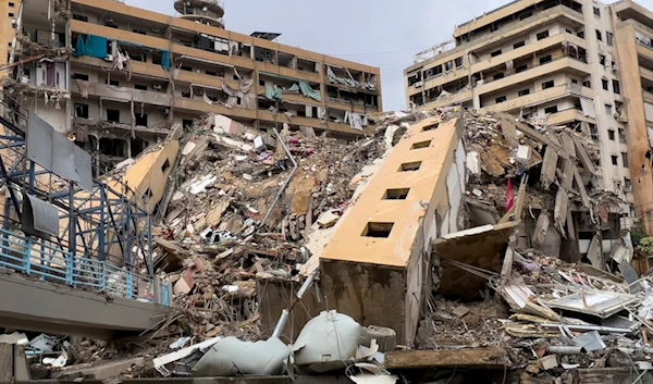 A destroyed building that was hit in an Israeli airstrike on the Southern Suburb of Beirut, Lebanon, Tuesday, November 19, 2024 (AP)