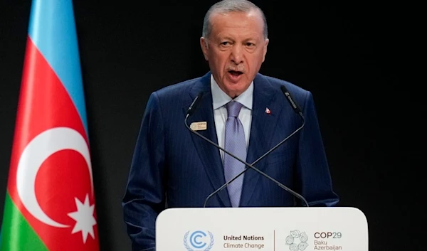 Turkey President Recep Tayyip Erdogan speaks during a plenary session at the COP29 U.N. Climate Summit, Tuesday, Nov. 12, 2024, in Baku, Azerbaijan. (AP)